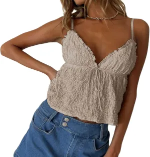 Spaghetti Strap Ruched Camisole for Women Y2K Tie Front Peplum Cami Top Deep V Neck Sleeveless Crop Tank Top Clubwear