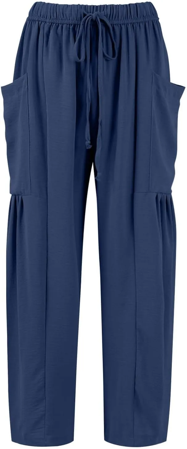 Summer Casual Pants for Women Linen Drawstring Loose Wide Leg Pants Flowy High Waisted Solid 2025 Trouser Multi-Pocket