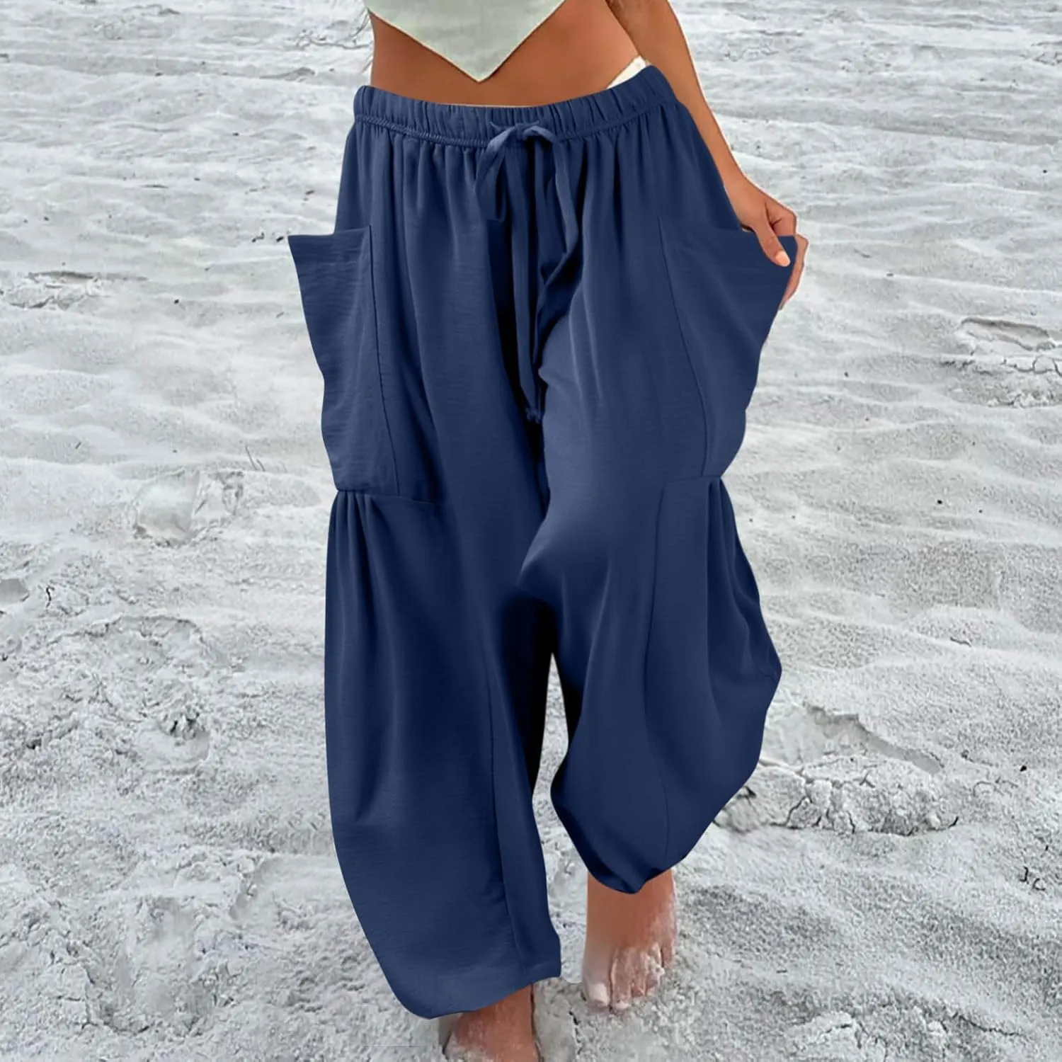 Summer Casual Pants for Women Linen Drawstring Loose Wide Leg Pants Flowy High Waisted Solid 2025 Trouser Multi-Pocket