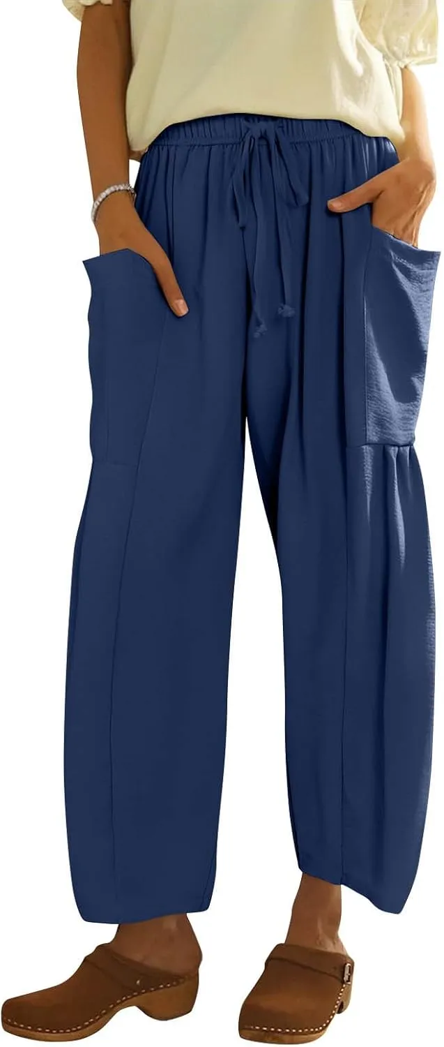 Summer Casual Pants for Women Linen Drawstring Loose Wide Leg Pants Flowy High Waisted Solid 2025 Trouser Multi-Pocket