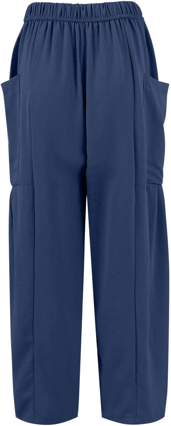 Summer Casual Pants for Women Linen Drawstring Loose Wide Leg Pants Flowy High Waisted Solid 2025 Trouser Multi-Pocket