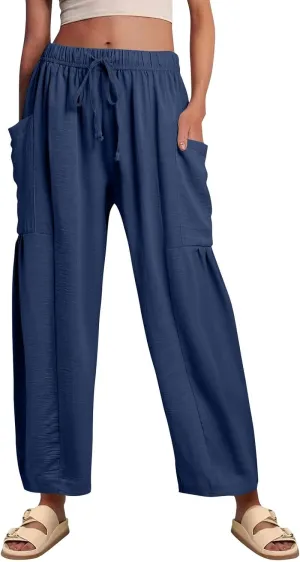 Summer Casual Pants for Women Linen Drawstring Loose Wide Leg Pants Flowy High Waisted Solid 2025 Trouser Multi-Pocket
