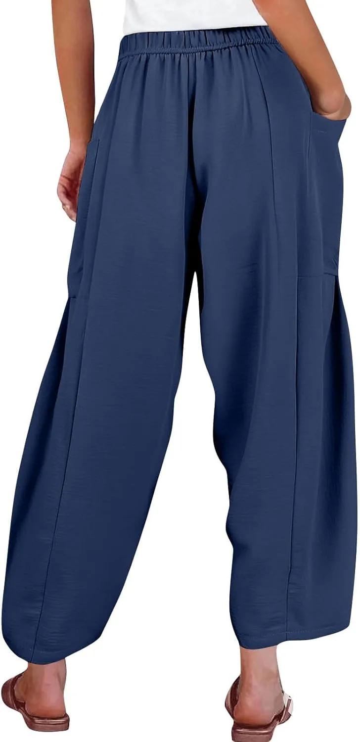 Summer Casual Pants for Women Linen Drawstring Loose Wide Leg Pants Flowy High Waisted Solid 2025 Trouser Multi-Pocket