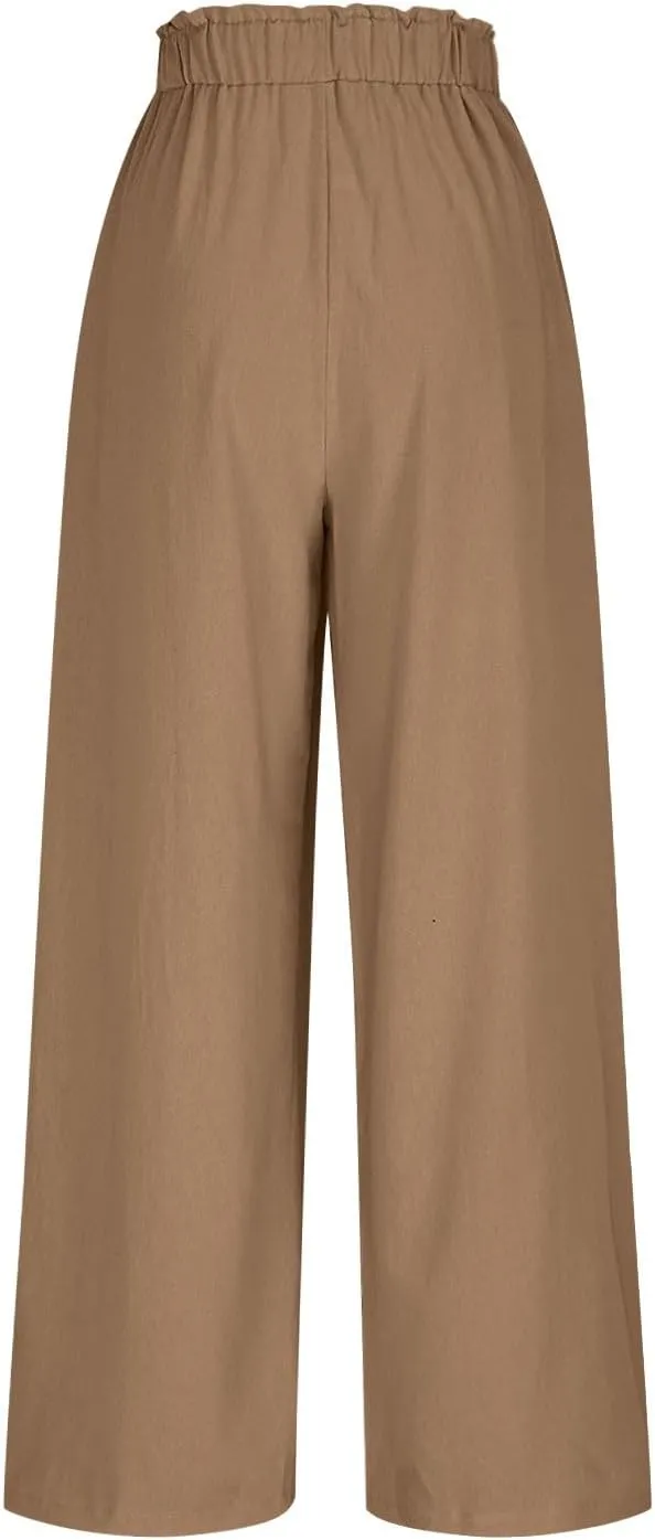 Summer Pants for Women Cotton Linen Straight Wide Leg Ankle Pants Drawstring Elastic Waist Trousers with Pockets