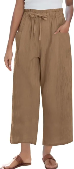 Summer Pants for Women Cotton Linen Straight Wide Leg Ankle Pants Drawstring Elastic Waist Trousers with Pockets