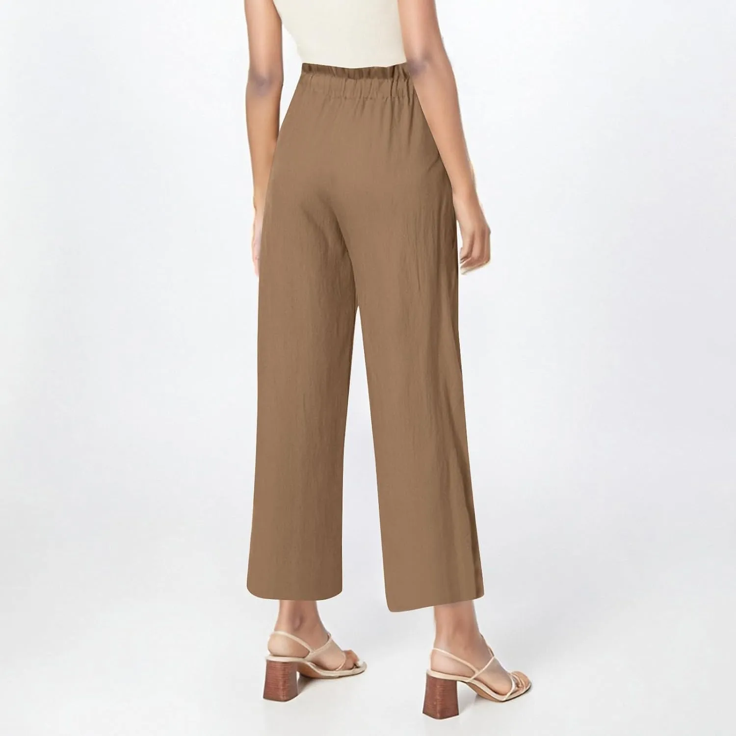 Summer Pants for Women Cotton Linen Straight Wide Leg Ankle Pants Drawstring Elastic Waist Trousers with Pockets