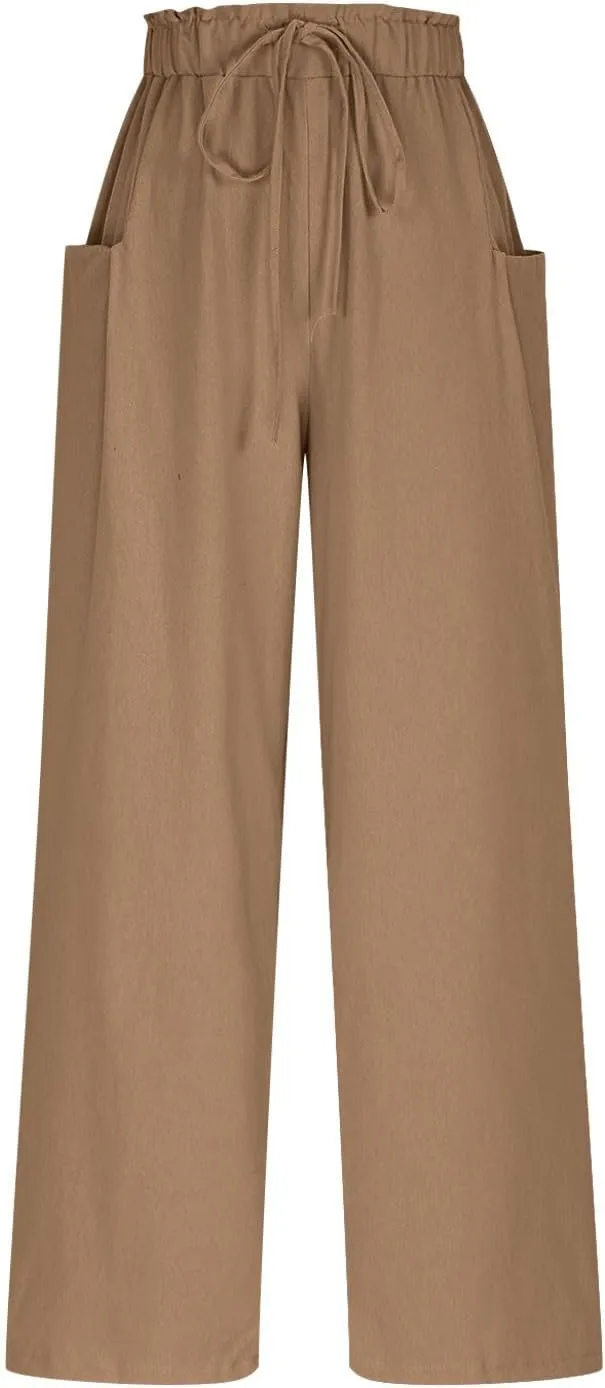 Summer Pants for Women Cotton Linen Straight Wide Leg Ankle Pants Drawstring Elastic Waist Trousers with Pockets