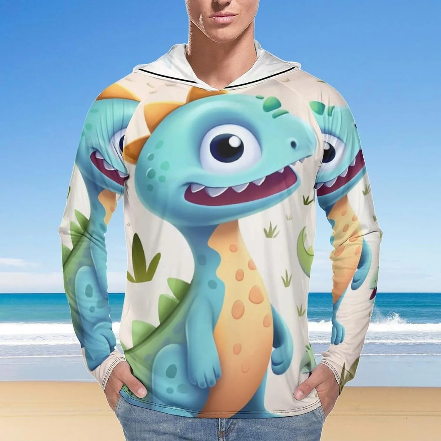 Sun Protection Shirt Long Sleeve Hoodie Cute Dinosaur Lightweight Rash Guard Quick Dry Sun Shirt for Outdoor