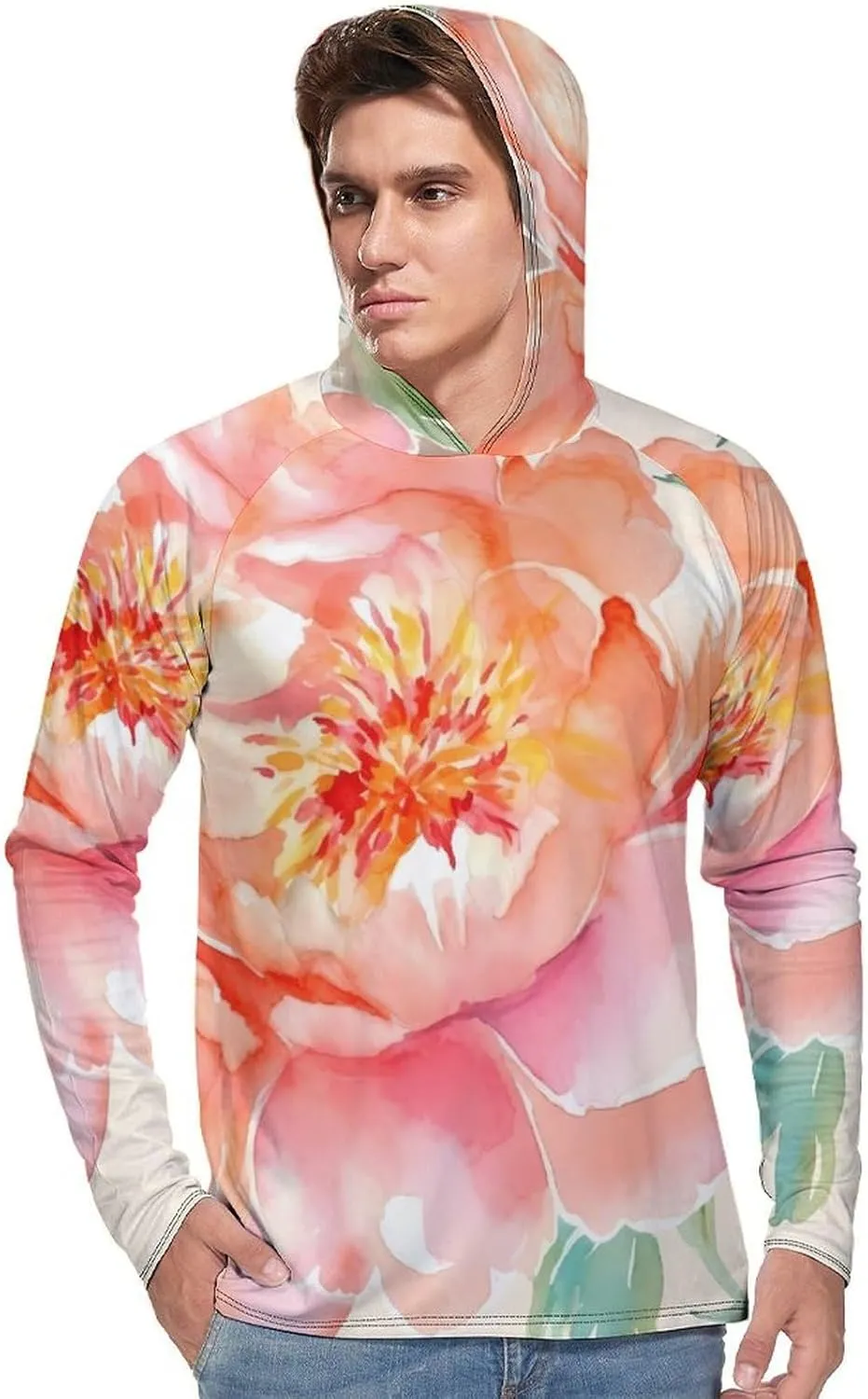 Sun Protection Shirt Long Sleeve Hoodie Peach Peony Lightweight Rash Guard Quick Dry Sun Shirt for Outdoor