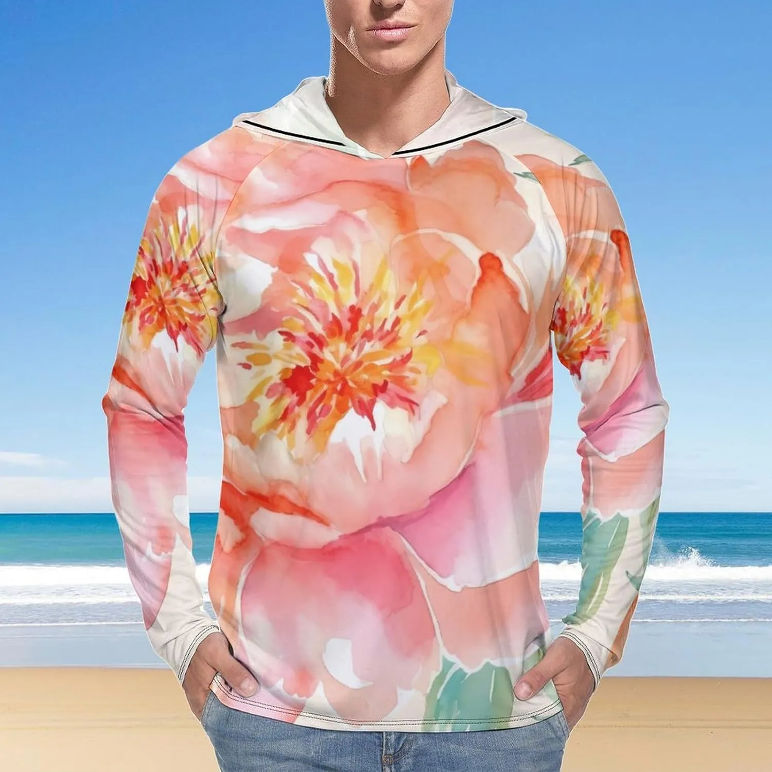 Sun Protection Shirt Long Sleeve Hoodie Peach Peony Lightweight Rash Guard Quick Dry Sun Shirt for Outdoor
