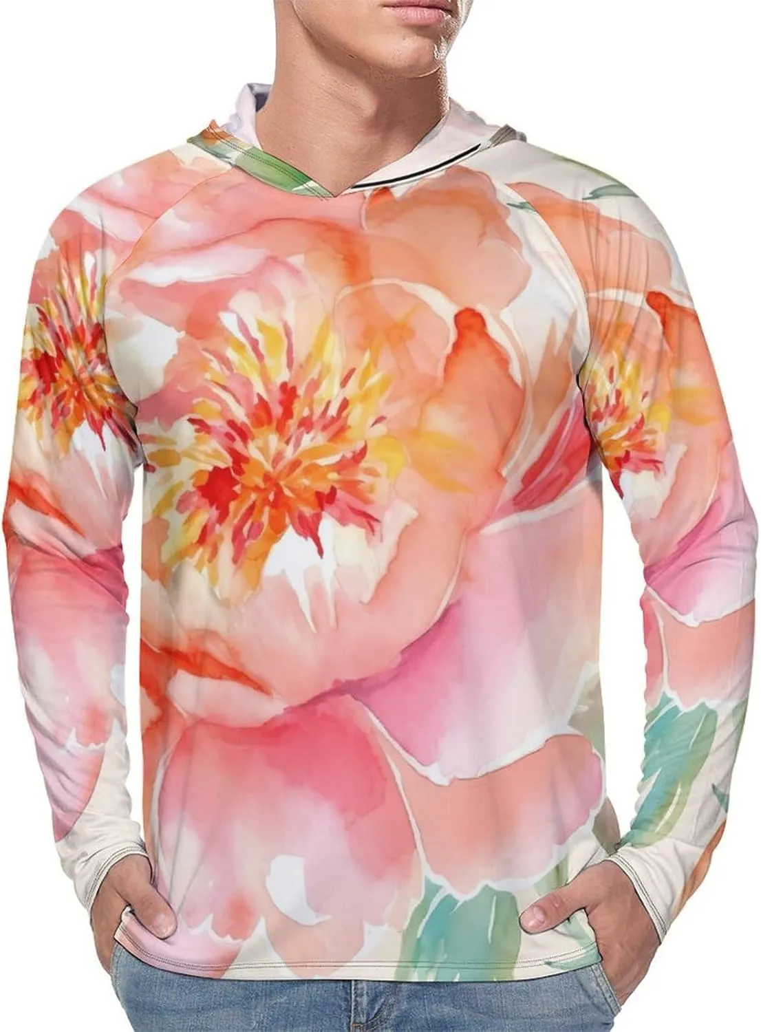 Sun Protection Shirt Long Sleeve Hoodie Peach Peony Lightweight Rash Guard Quick Dry Sun Shirt for Outdoor