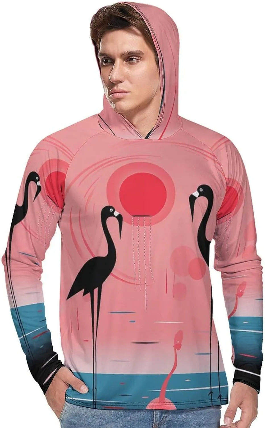 Sun Protection Shirt Long Sleeve Hoodie Stripes and Flamingos Lightweight Rash Guard Quick Dry Sun Shirt for Outdoor