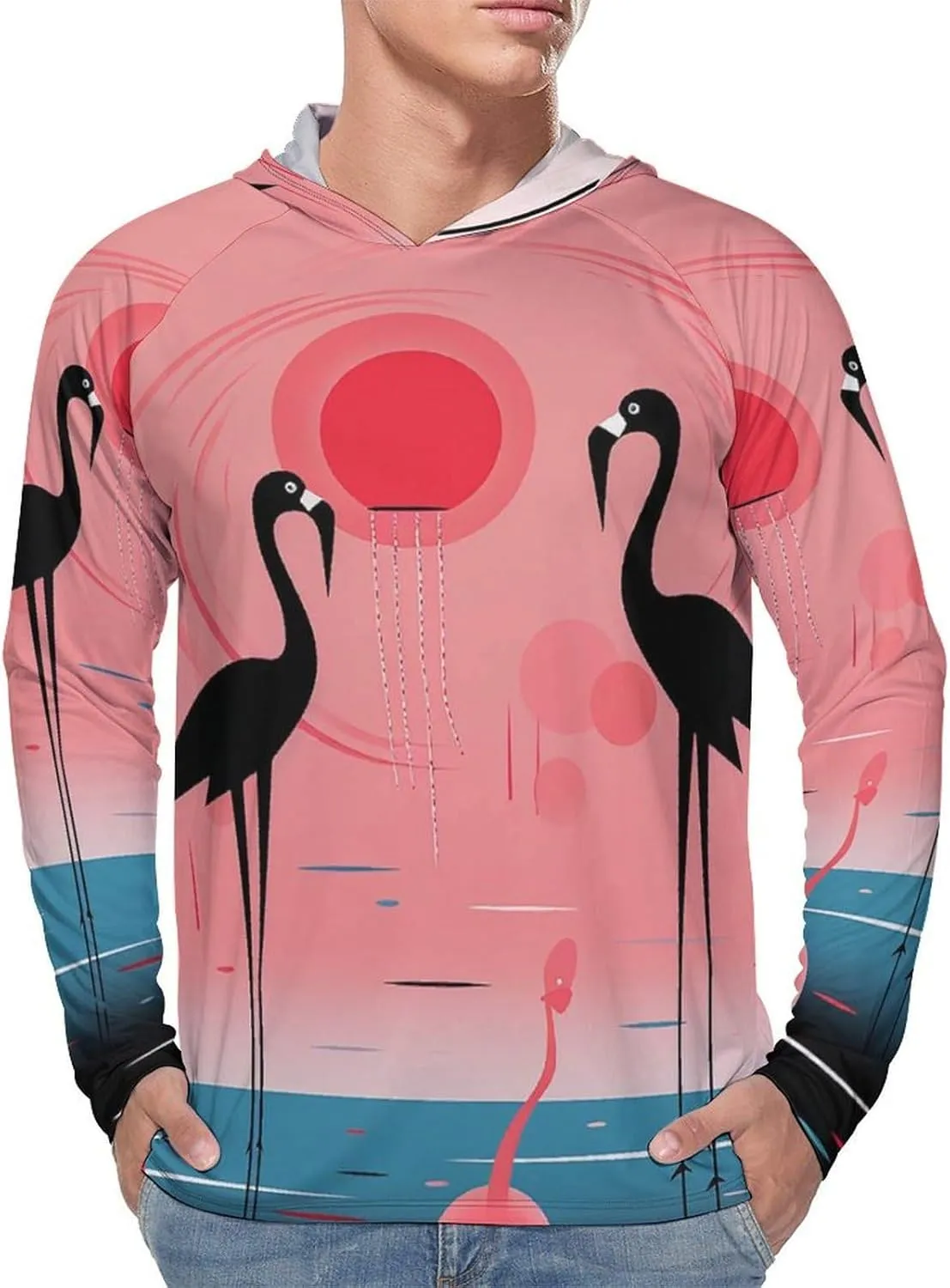 Sun Protection Shirt Long Sleeve Hoodie Stripes and Flamingos Lightweight Rash Guard Quick Dry Sun Shirt for Outdoor