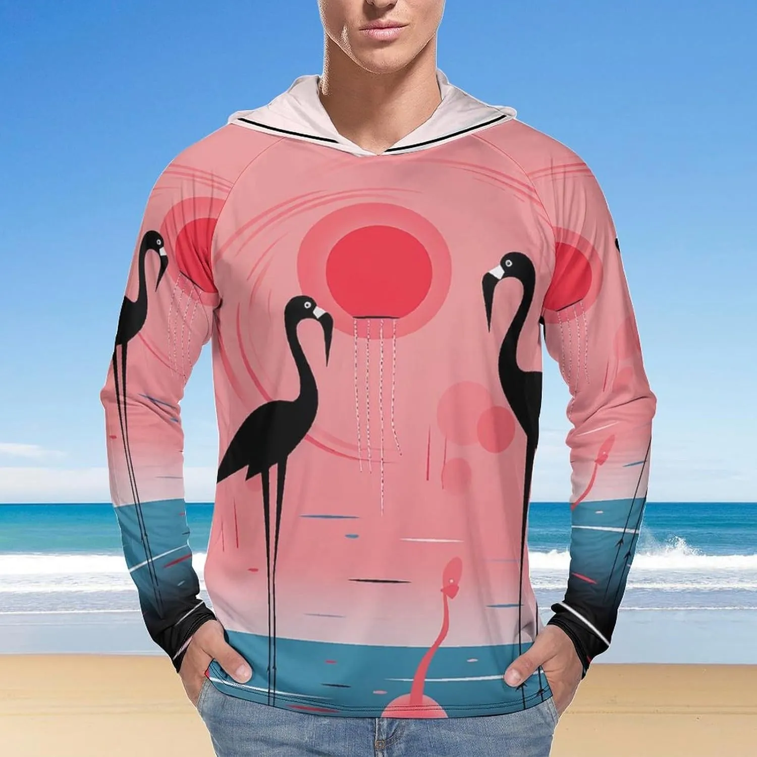 Sun Protection Shirt Long Sleeve Hoodie Stripes and Flamingos Lightweight Rash Guard Quick Dry Sun Shirt for Outdoor