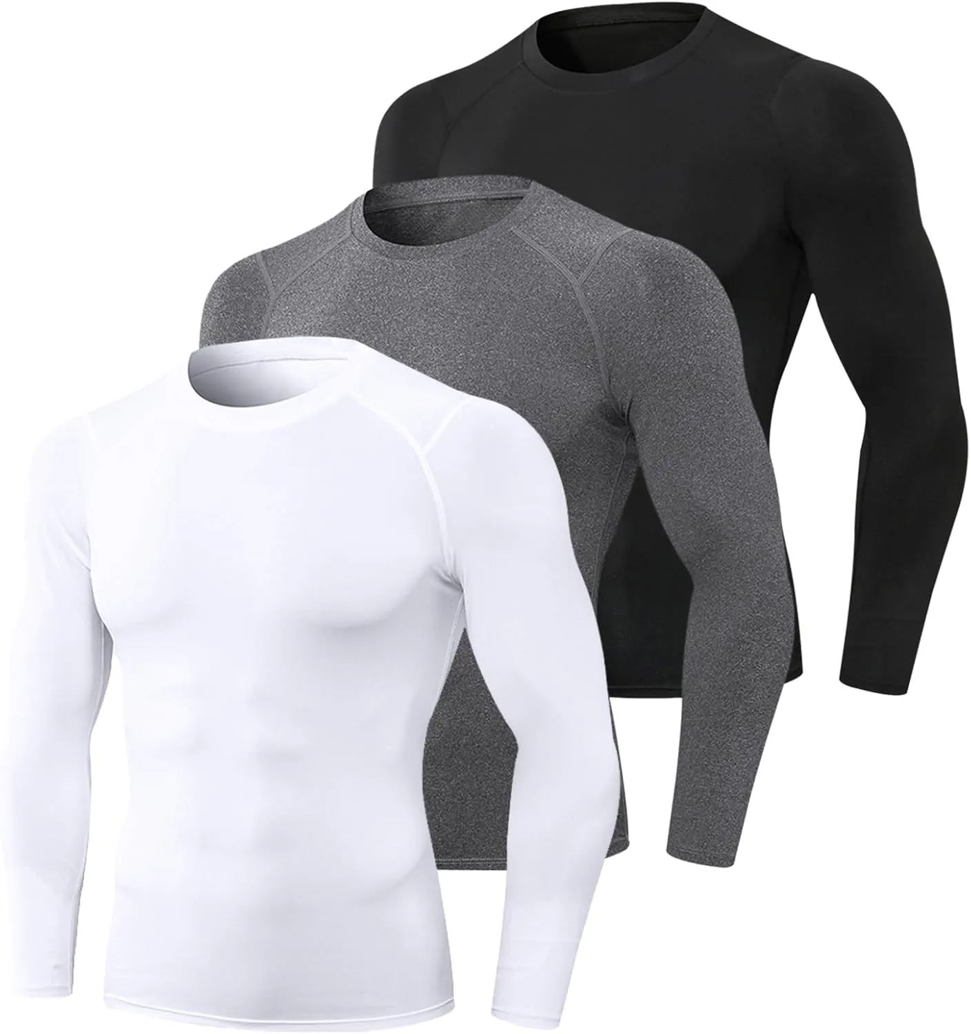 T-Shirt, 3pcs Men's Athletic Long Sleeve Compression Shirts Quick Dry Workout T-Shirt Running Tops Black White Grey