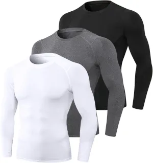 T-Shirt, 3pcs Men's Athletic Long Sleeve Compression Shirts Quick Dry Workout T-Shirt Running Tops Black White Grey