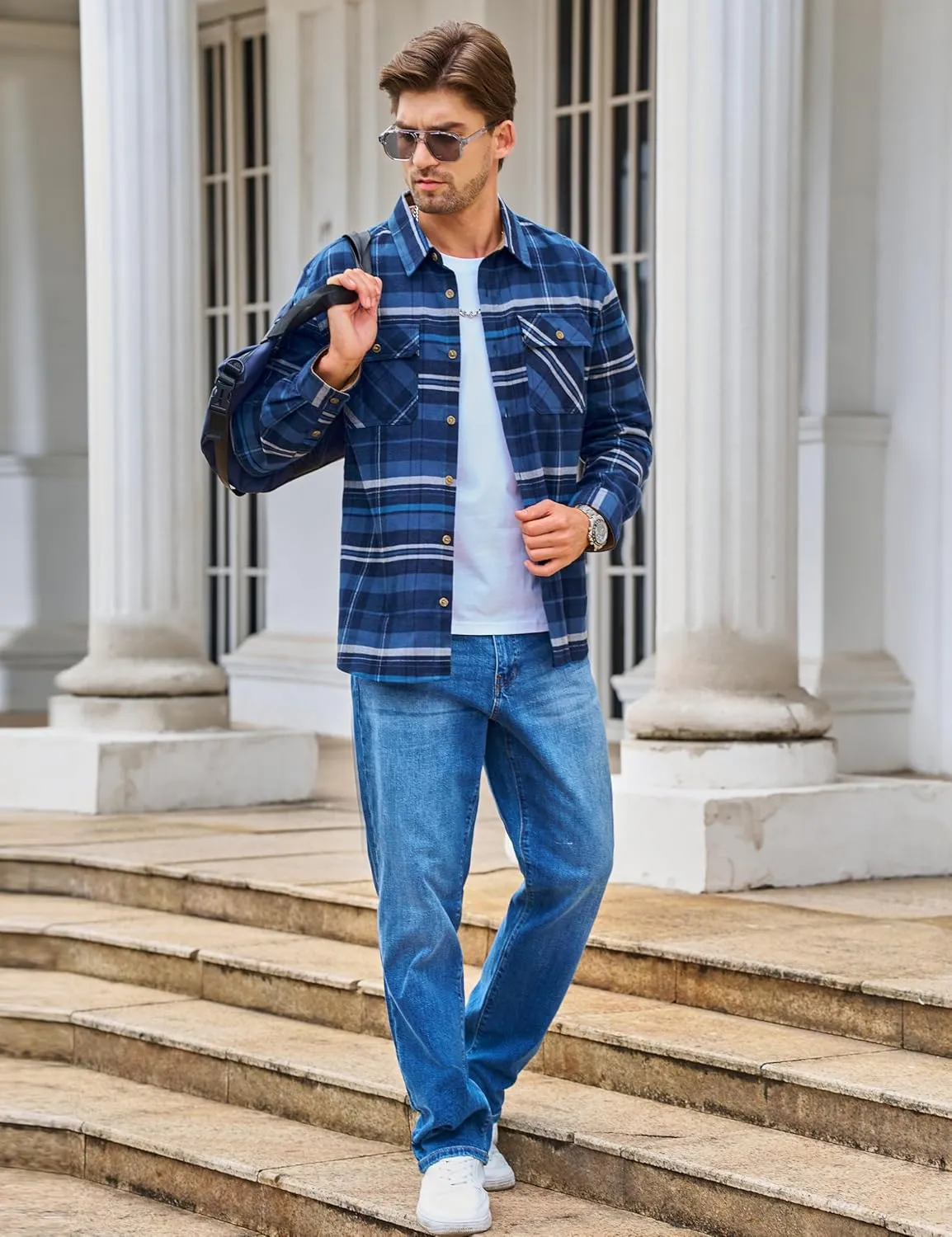 TACVASEN Men's Flannel Shirts Cotton Plaid Shirt Long Sleeve Button Up Shirt Jackets with 2 Chest Pockets