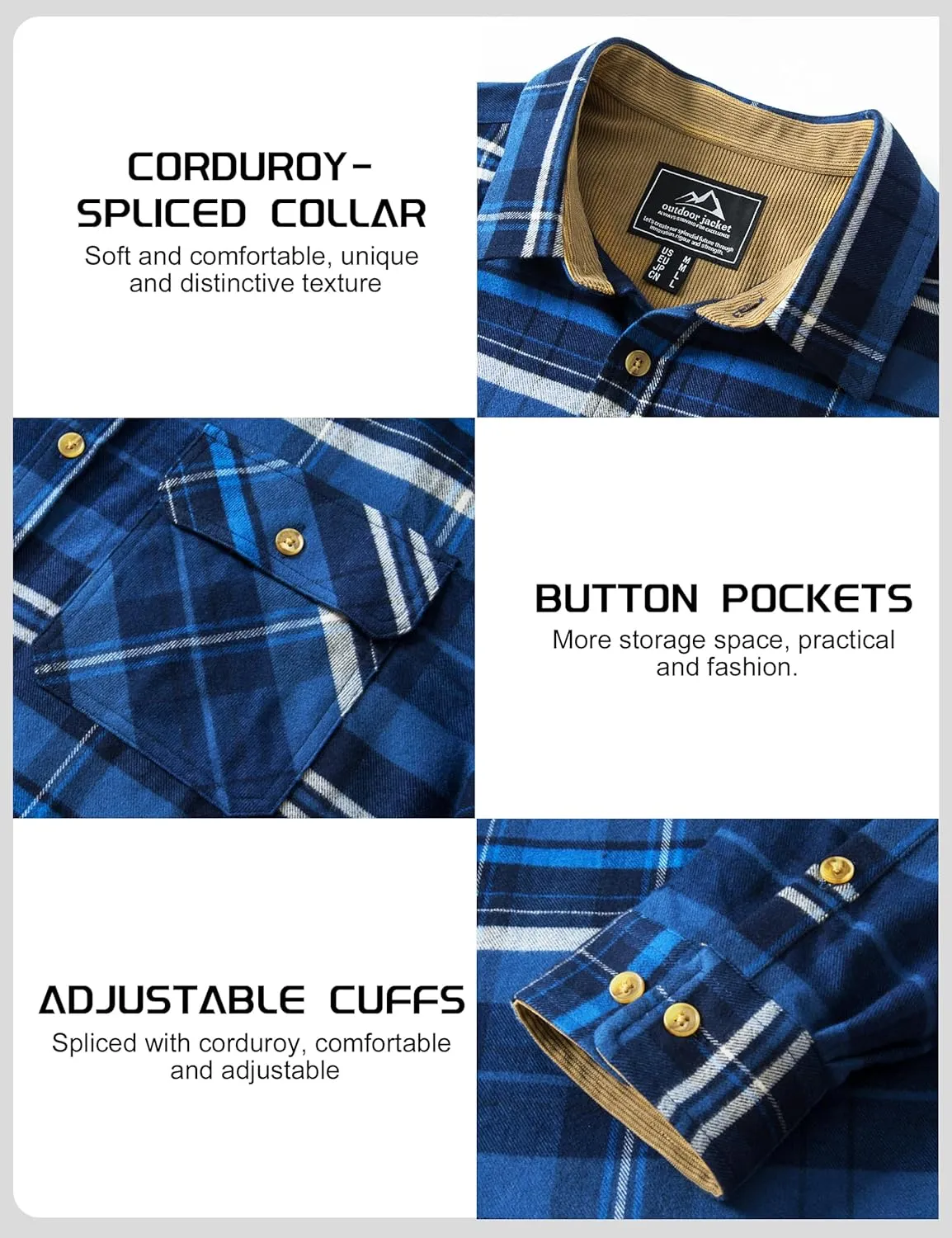 TACVASEN Men's Flannel Shirts Cotton Plaid Shirt Long Sleeve Button Up Shirt Jackets with 2 Chest Pockets
