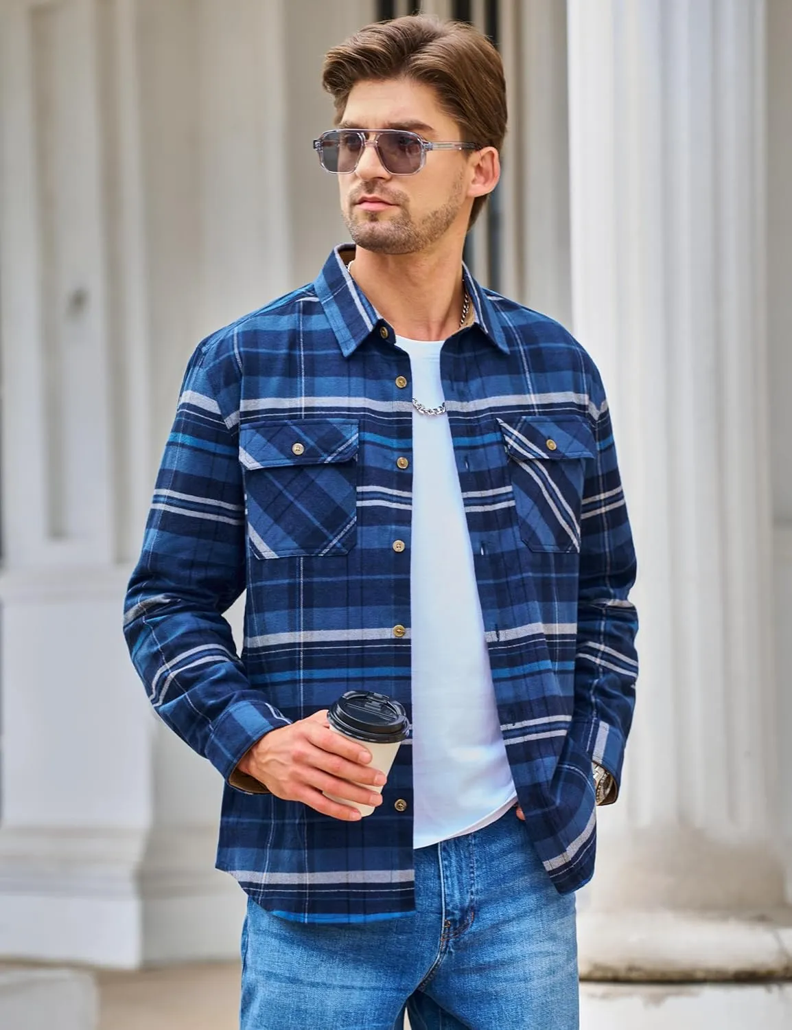 TACVASEN Men's Flannel Shirts Cotton Plaid Shirt Long Sleeve Button Up Shirt Jackets with 2 Chest Pockets