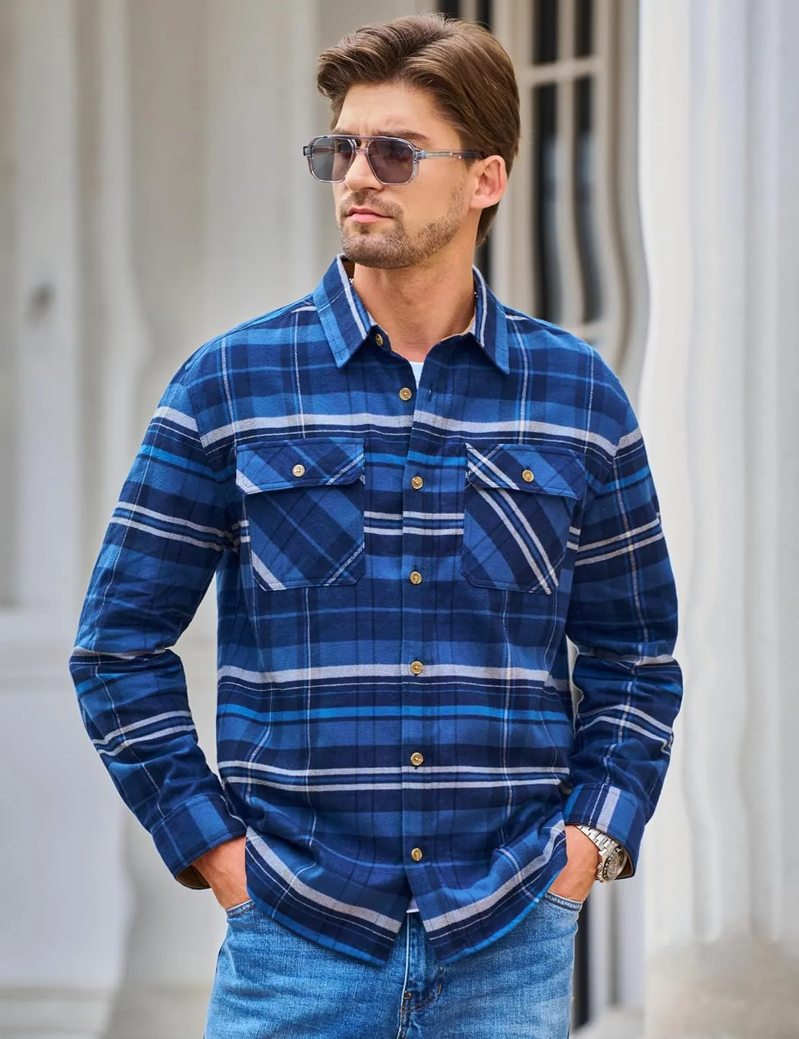 TACVASEN Men's Flannel Shirts Cotton Plaid Shirt Long Sleeve Button Up Shirt Jackets with 2 Chest Pockets