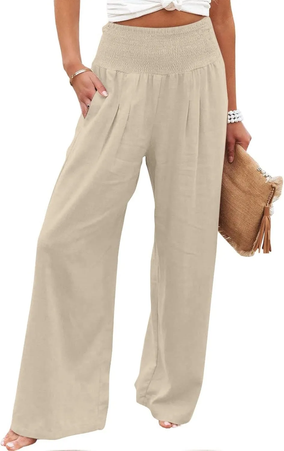 TARIENDY Palazzo Pants for Women Dressy Ladies high Waist Beach Outfits Wide Leg Casual Pants Lightweight Elastic Trousers