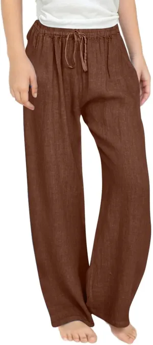 Teen Girls Casual Cotton Linen Pants Lightweight Summer Wide Leg Pant Loose Elastic Waist Plus Size Lounge Long Trousers