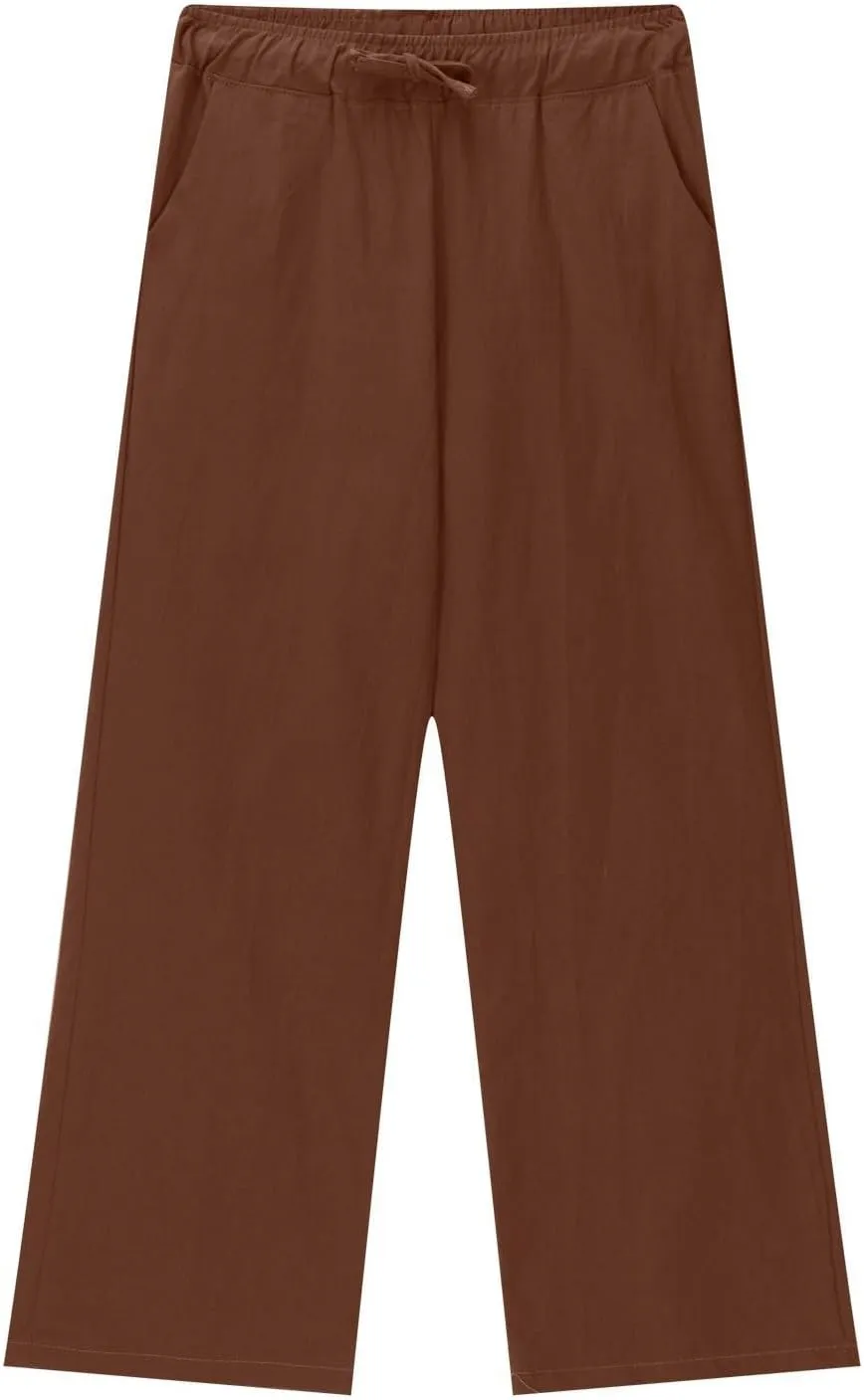 Teen Girls Casual Cotton Linen Pants Lightweight Summer Wide Leg Pant Loose Elastic Waist Plus Size Lounge Long Trousers