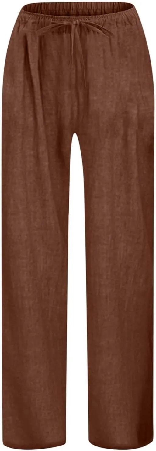 Teen Girls Casual Cotton Linen Pants Lightweight Summer Wide Leg Pant Loose Elastic Waist Plus Size Lounge Long Trousers