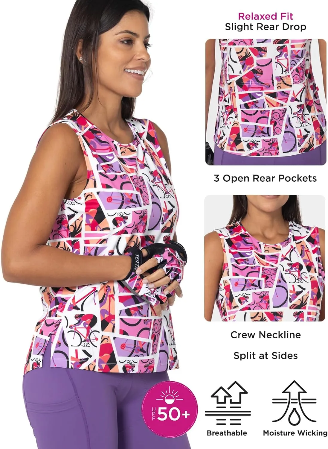 Terry Cycling Jersey Womens Soleil Split Tank Top for Women, UPF 50   Sleeveless Bike Jersey Summer Top