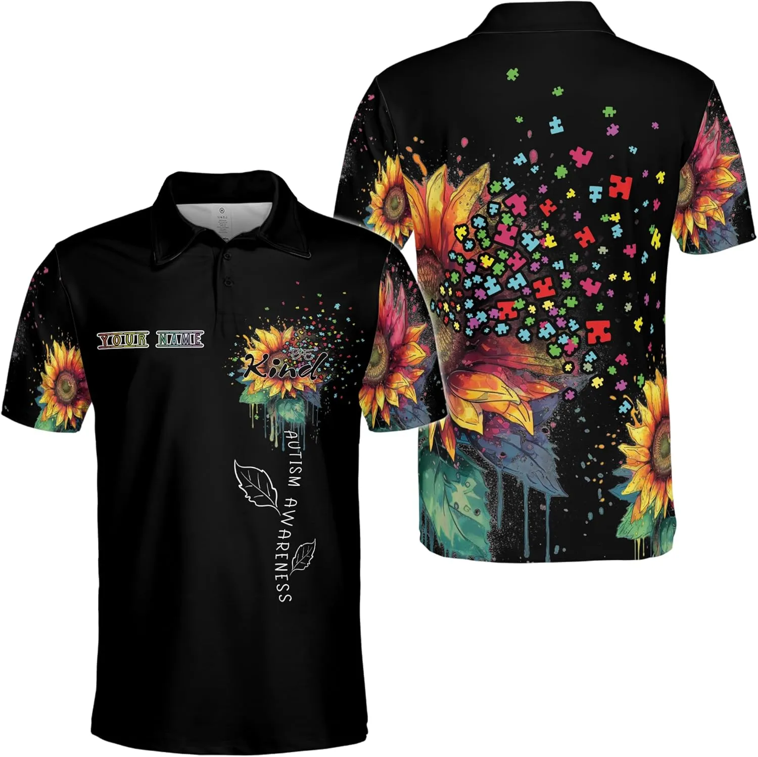 ThuhaTree Store Personalized Name Autism Awareness Hearts Colorful Men & Women Polo Shirt S-5XL, Polo Autism Shirt