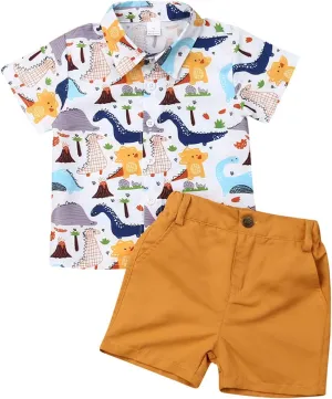 Toddler Boys Dress Clothes Kids Animal Print Button Down Shirt Solid Color Shorts Boys Summer Gentleman Suit Outfit