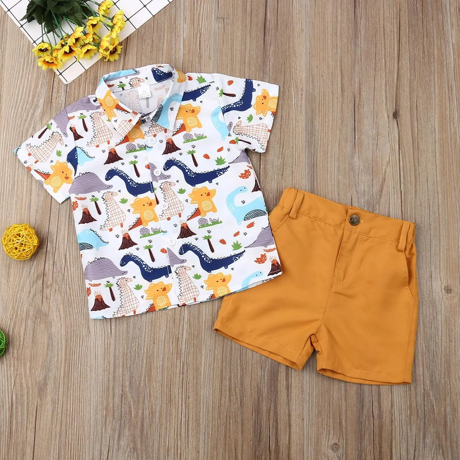 Toddler Boys Dress Clothes Kids Animal Print Button Down Shirt Solid Color Shorts Boys Summer Gentleman Suit Outfit