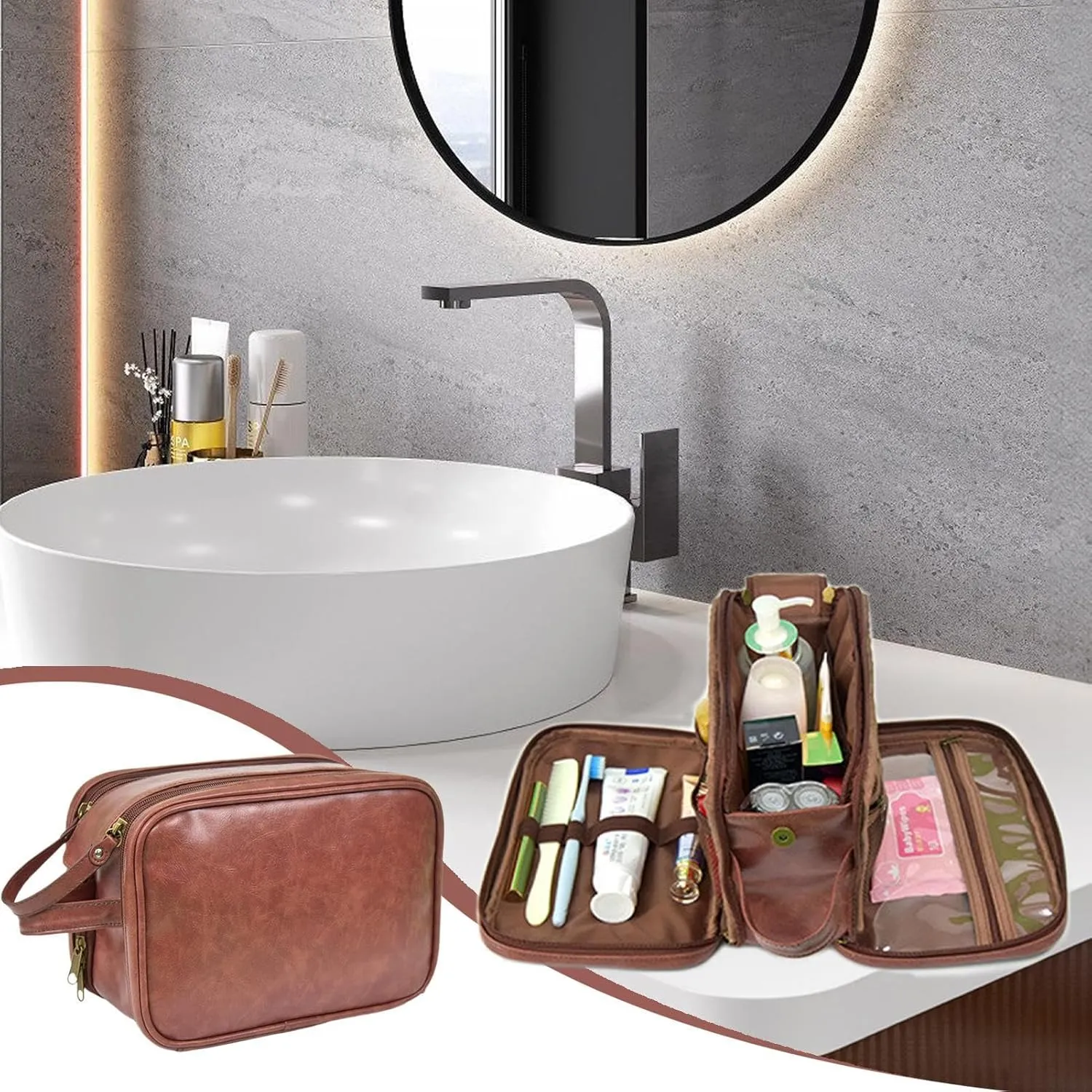 Toiletry Bag, Travel PU Shaving Case, 9.45x6.69x5.51 Inches Large Capacity Cosmetic Organizer, Bathroom Travel Bag, Perfect for Household Equipment and Traveling