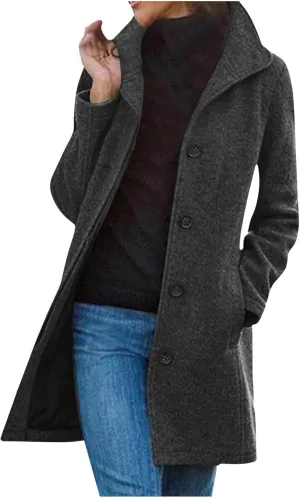 Trench Coat for Women 2024 Casual Lapel Single Breasted Pea Coat Trendy Winter Warm Wool Coats Mid-Long Overcoat
