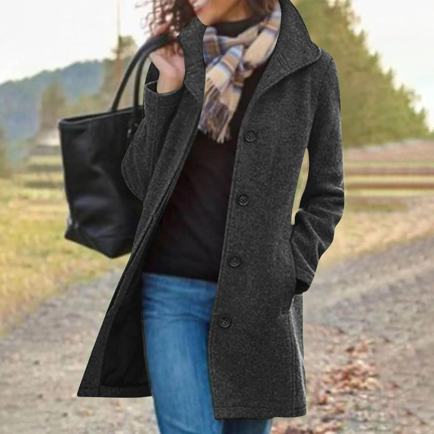 Trench Coat for Women 2024 Casual Lapel Single Breasted Pea Coat Trendy Winter Warm Wool Coats Mid-Long Overcoat