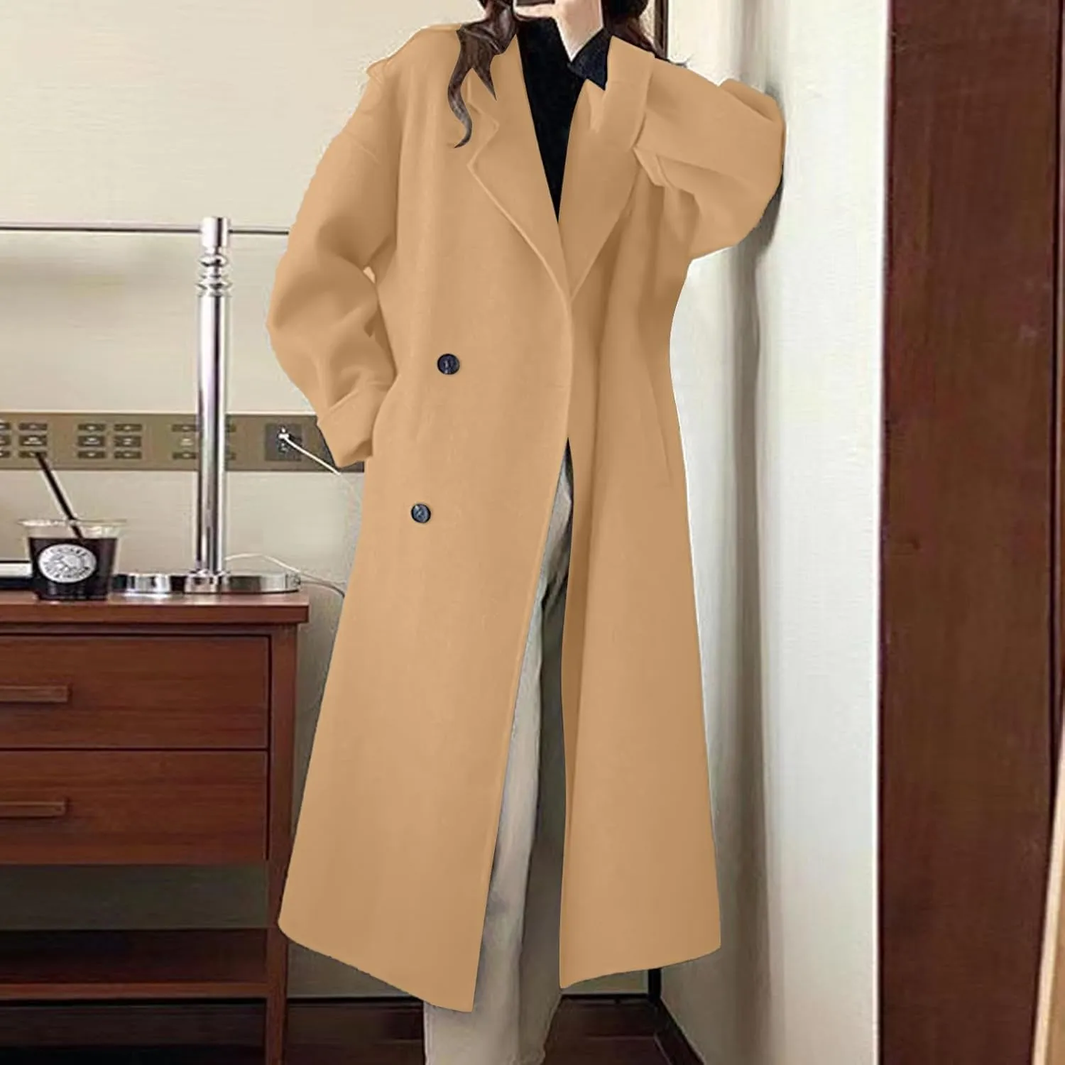 Trench Coat for Women Wool Blend Lapel Collar Double-Breasted Pea Coats Work Office Mid Long Winter Coats Overcoat