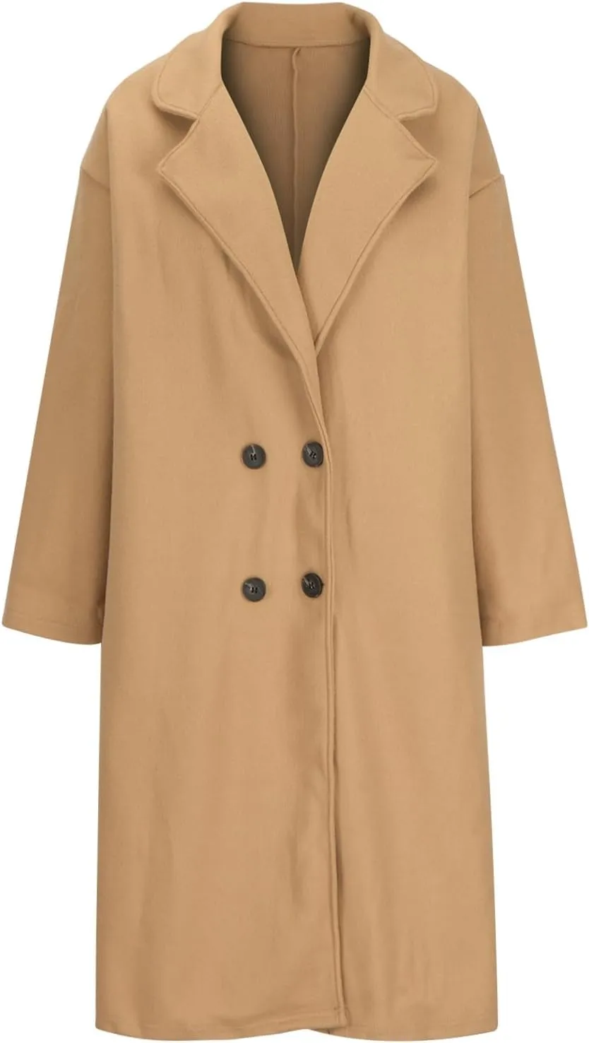 Trench Coat for Women Wool Blend Lapel Collar Double-Breasted Pea Coats Work Office Mid Long Winter Coats Overcoat