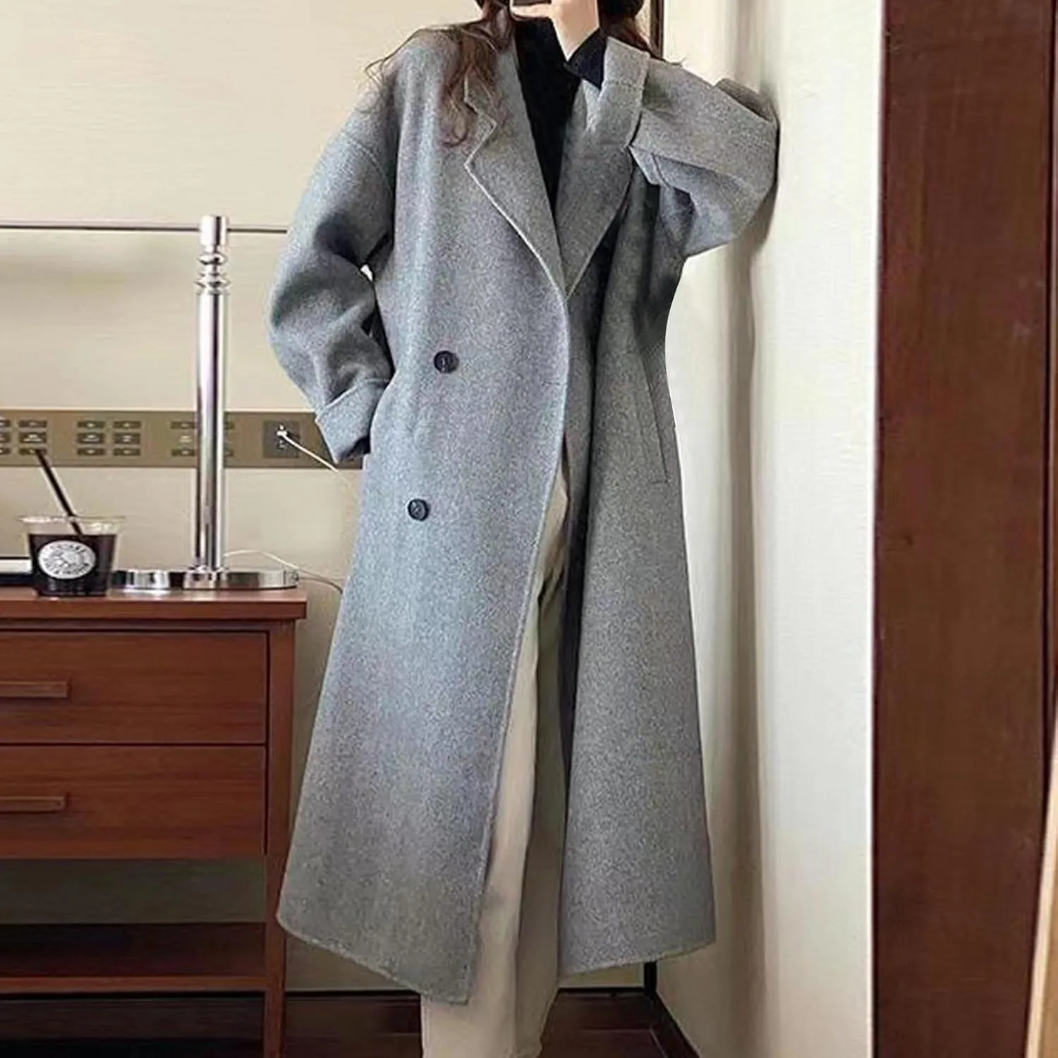 Trench Coat for Women Wool Blend Lapel Collar Double-Breasted Pea Coats Work Office Mid Long Winter Coats Overcoat
