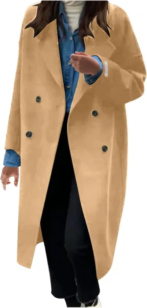 Trench Coat for Women Wool Blend Lapel Collar Double-Breasted Pea Coats Work Office Mid Long Winter Coats Overcoat