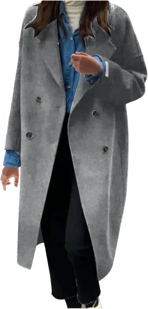 Trench Coat for Women Wool Blend Lapel Collar Double-Breasted Pea Coats Work Office Mid Long Winter Coats Overcoat