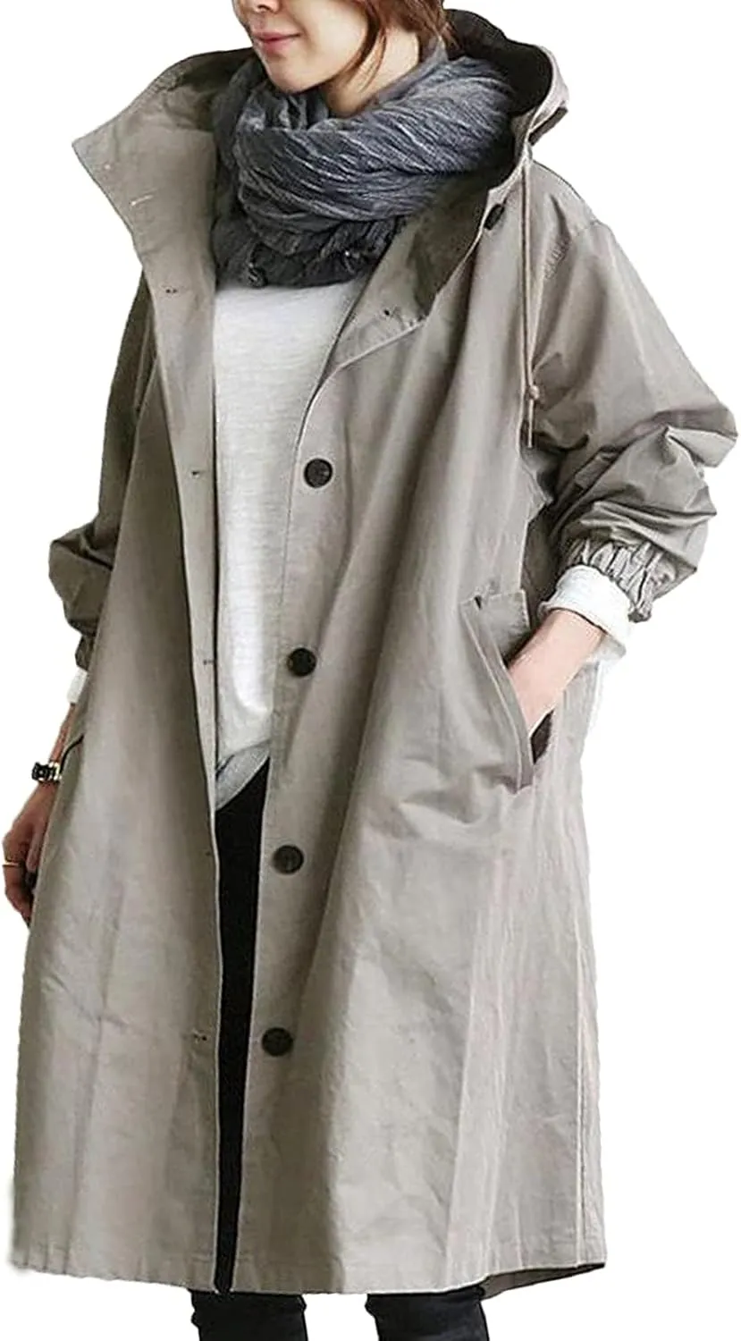 Trench Coat Women Casual Lightweight Single Breasted Hooded Trench Jacket Long Waterproof Windbreaker with Pocket