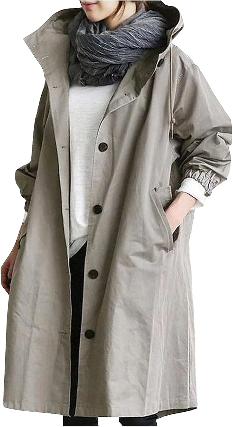 Trench Coat Women Casual Lightweight Single Breasted Hooded Trench Jacket Long Waterproof Windbreaker with Pocket