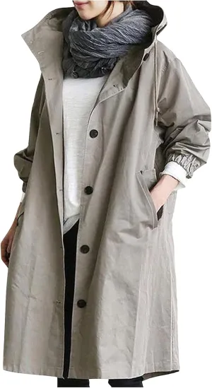 Trench Coat Women Casual Lightweight Single Breasted Hooded Trench Jacket Long Waterproof Windbreaker with Pocket