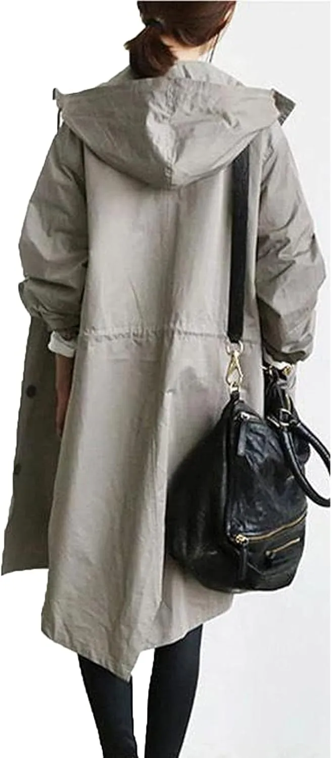 Trench Coat Women Casual Lightweight Single Breasted Hooded Trench Jacket Long Waterproof Windbreaker with Pocket