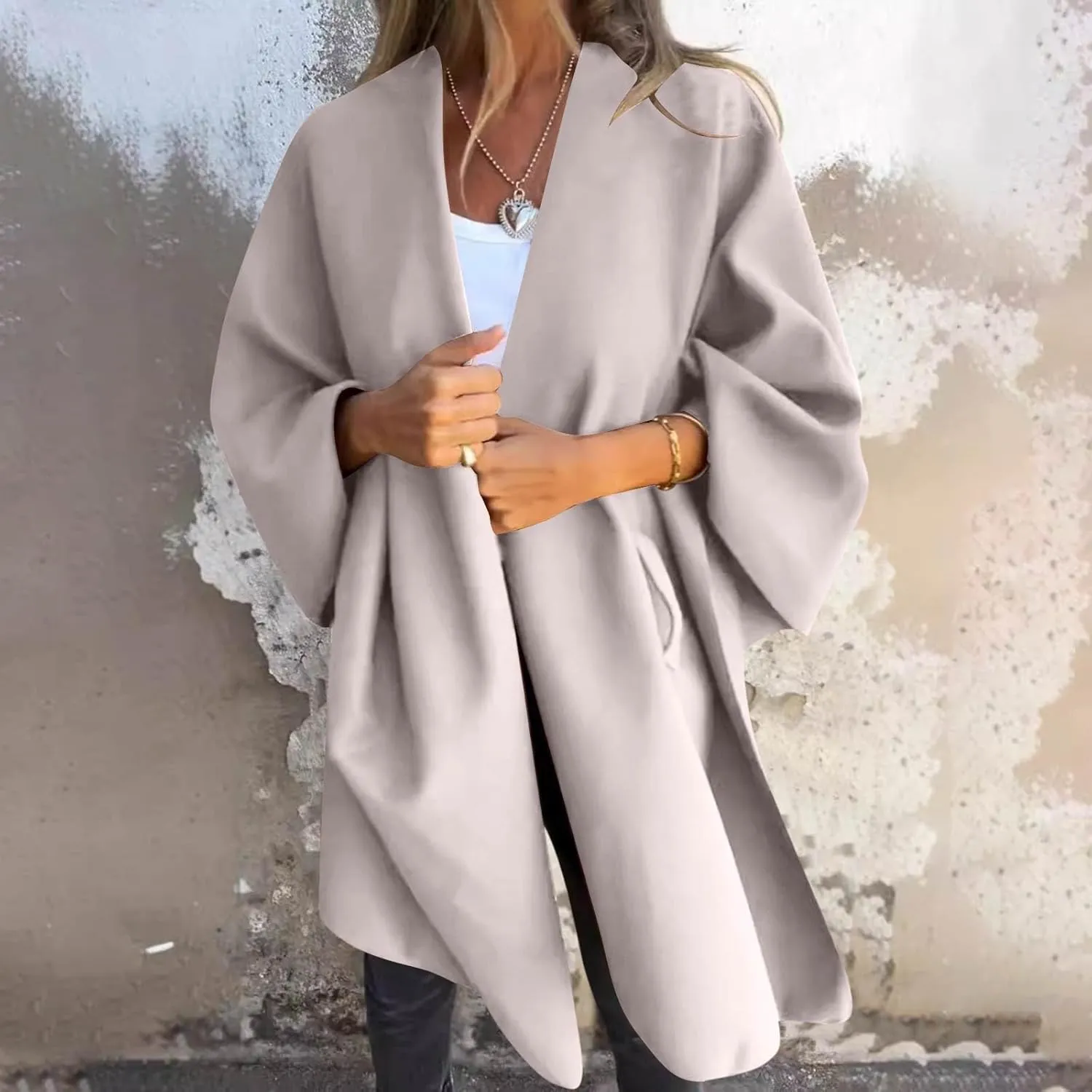 Trench Coat Women Oversized Cardigans V Neck Bat Sleeve Jackets Solid Color Fall Pea Coats Windproof Overcoat