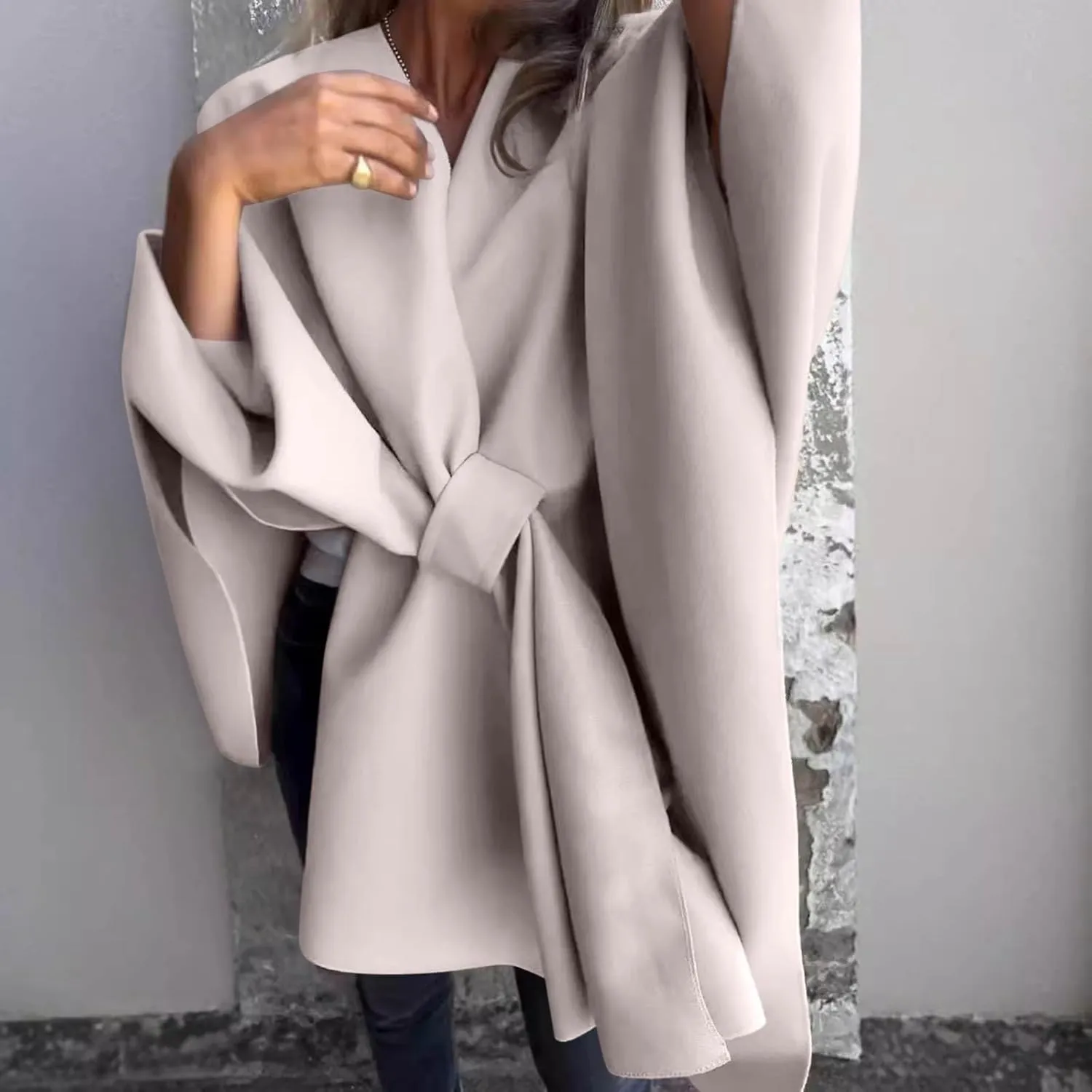 Trench Coat Women Oversized Cardigans V Neck Bat Sleeve Jackets Solid Color Fall Pea Coats Windproof Overcoat