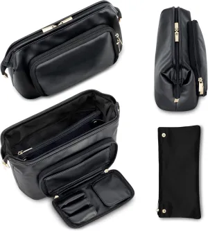 TREND-X Travel Makeup Bag with Brush Compartment, Large Capacity Cosmetic Case, PU Leather Toiletry Bag, Open Flat Cosmetic Storage, Beauty Organizer for Women
