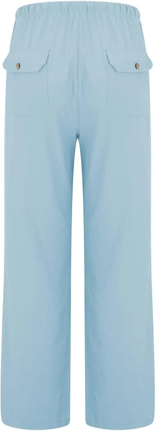 Trendy Outfits for Women 2025 Summer High Waisted Cotton Linen Palazzo Wide Leg Long Lounge Pant Trousers with Pockets