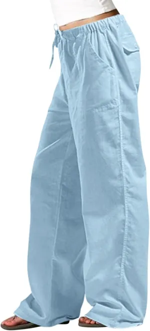 Trendy Outfits for Women 2025 Summer High Waisted Cotton Linen Palazzo Wide Leg Long Lounge Pant Trousers with Pockets