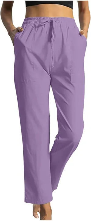 Trendy Pants for Women,Wwomens Casual Summer 2025 Drawstring Elastic High Waist Pant Comfy Solid Color Trouser